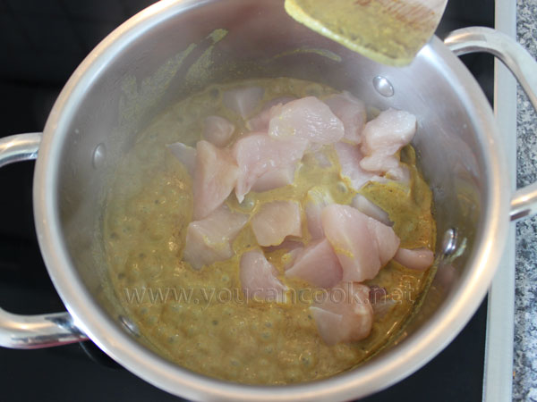 Hähnchen mit Currypulver und Kokosnussmilch zusammen anrühren